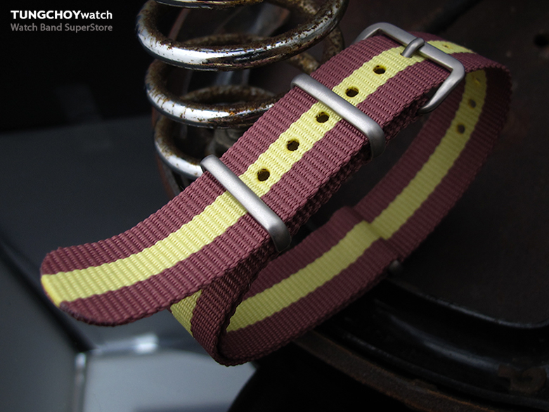 MiLTAT 18mm G10 military watch strap ballistic nylon armband, Brushed - Burgundy Red & Yellow Stripes