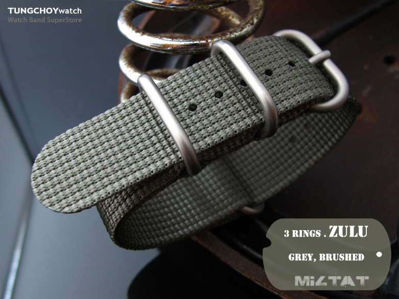 MiLTAT 20mm 3 Rings Zulu military watch strap 3D woven nylon armband - Grey, Brushed Hardware