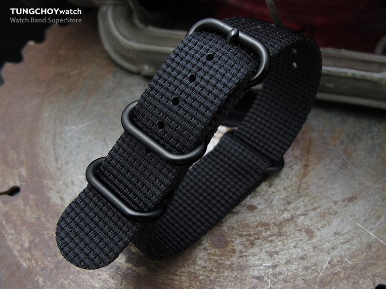 MiLTAT 20mm 3 Rings Zulu military watch strap 3D woven nylon armband - Black, PVD Black Hardware