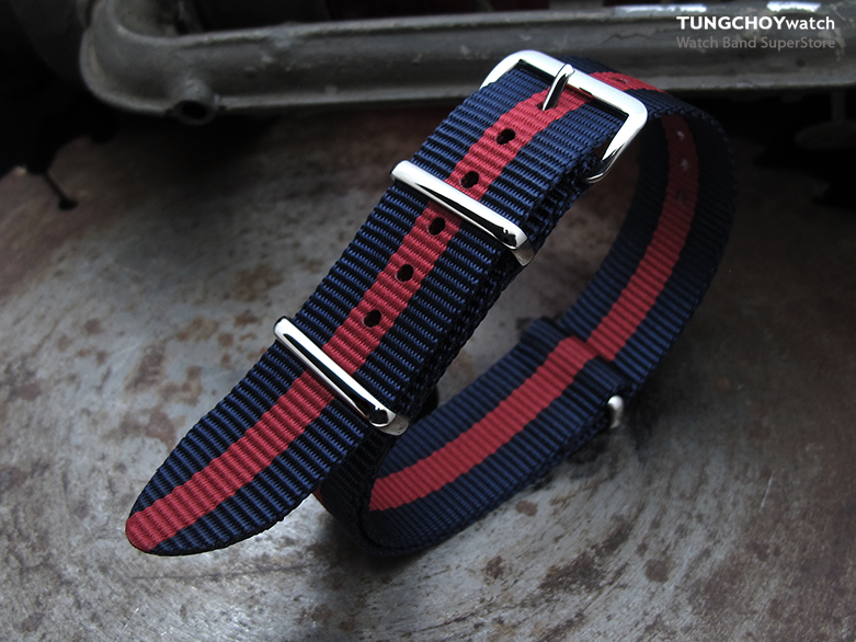 MiLTAT 20mm G10 NATO Bullet Tail Watch Strap, Ballistic Nylon, Blue & Red, Polished