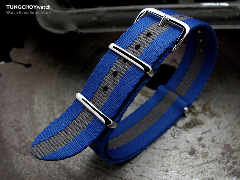 MiLTAT 20mm G10 Military NATO Watch Strap, Sandwich Nylon Armband, Polished - Navy & Grey Stripes