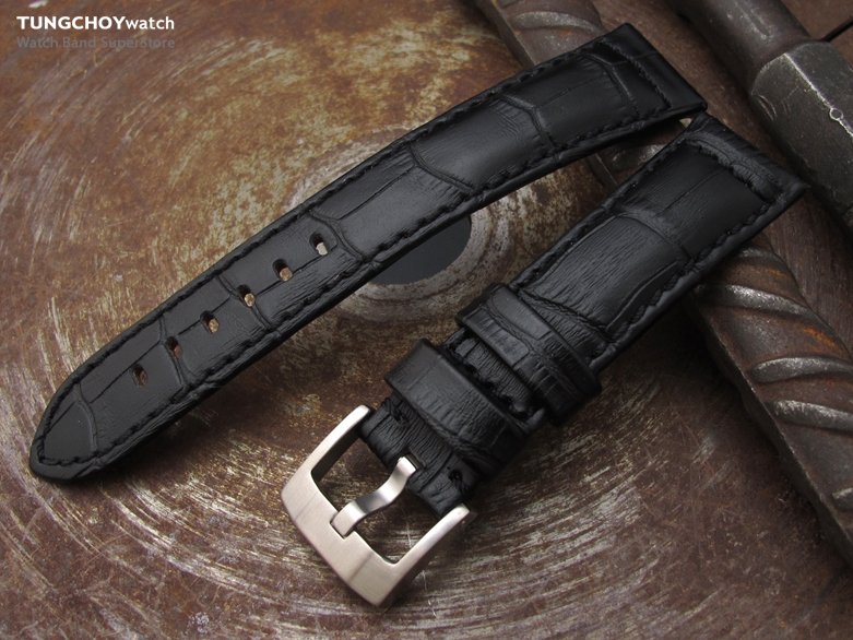 20 or 23mm CrocoCalf (Croco Grain) Matte Black Watch Strap with Black St.