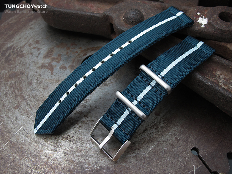 20mm Two Piece WW2 G10 Nylon, Navy Blue & White, Brushed Buckle