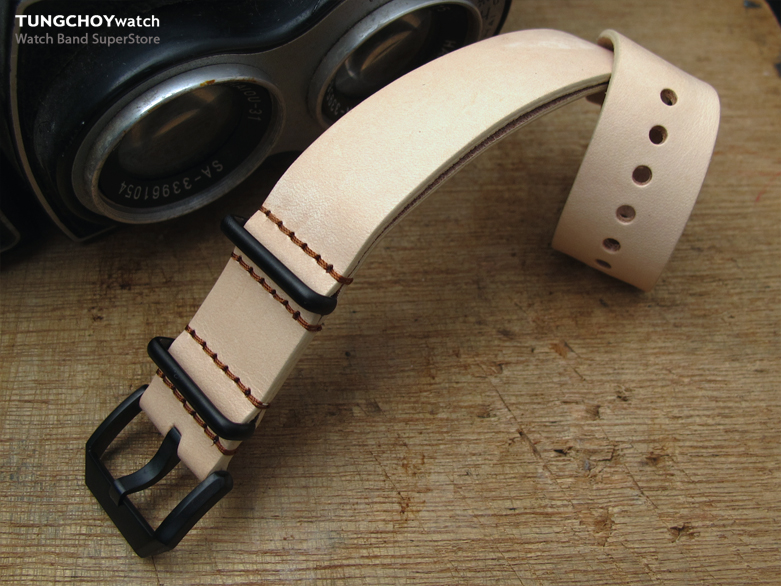 20mm MiLTAT Senno G10 Leather Watch Strap LV Beige, PVD Black - Strapcode