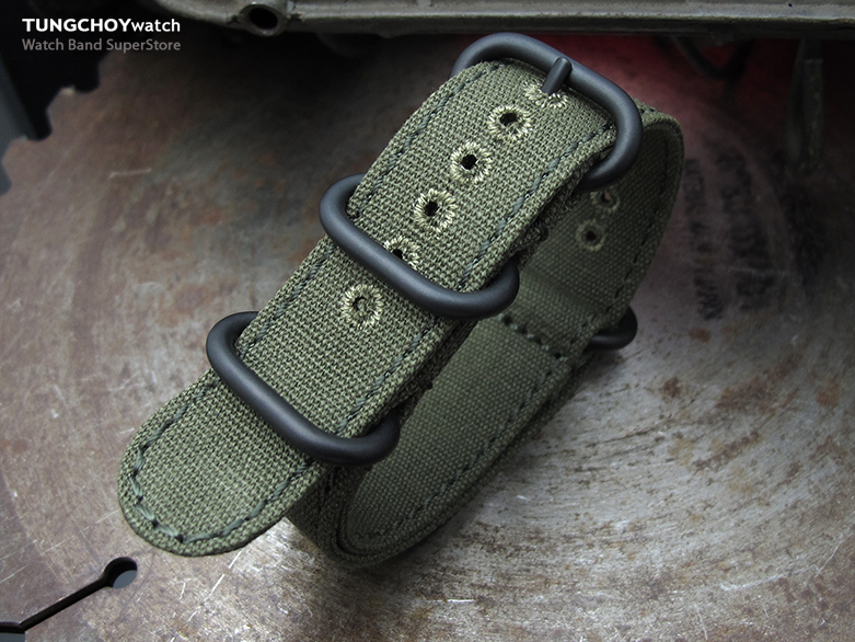 MiLTAT 20mm Canvas Zulu Green Double Thickness Watch Strap, Lockstitch Hole, PVD Buckle