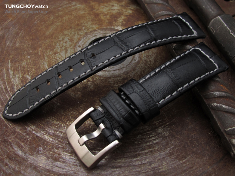 20 or 23mm CrocoCalf (Croco Grain) Matte Black Watch Strap with Grey St.