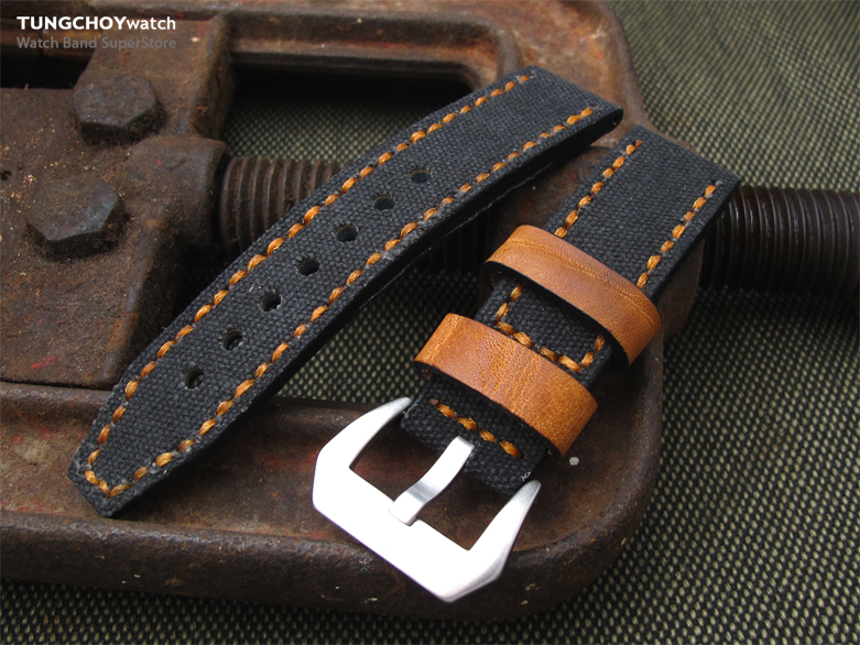 20mm MiLTAT Black Leather Washed Canvas Ammo Watch Strap in Military Green Stitches