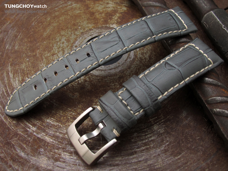 20 or 23mm CrocoCalf (Croco Grain) Light Grey Watch Strap with Beige St.