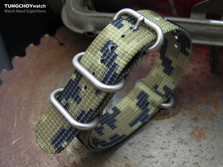 MiLTAT 21mm 3 Rings Zulu JB military watch strap 3D woven nylon armband - Green Camouflage, Brushed