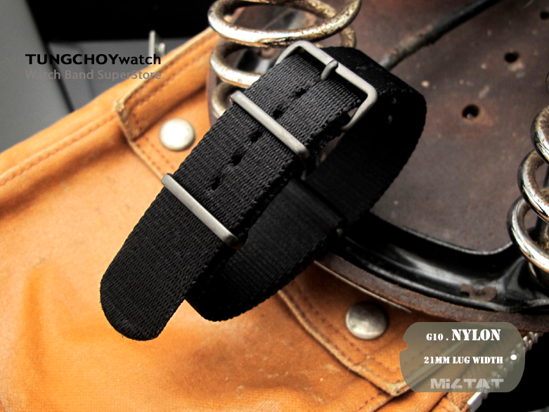 MiLTAT 21mm G10 watch strap ballistic nylon school look armband - Black, PVD hardware