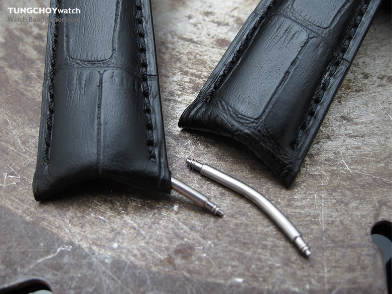 19, 20, 21, 22, 23 mm CrocoCalf (Croco Grain) Matte Black Semi-Curved Watch strap, Black Stitching, P