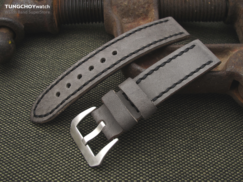 20mm, 21mm Soft Italian Leather Donkey Grey Watch Strap with Black Stitches