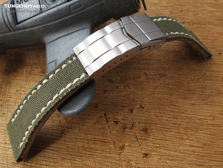 20mm or 21mm MiLTAT Military Green Canvas Submariner Clasp Watch Strap, Wax Hand Stitches