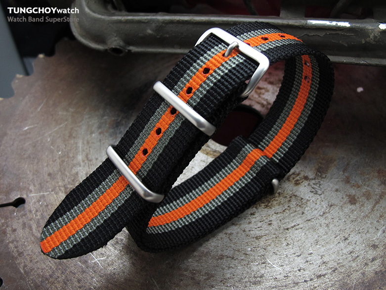 MiLTAT 21mm G10 NATO Bullet Tail Watch Strap, Ballistic Nylon, Brushed - Black, Grey & Orange Stripes