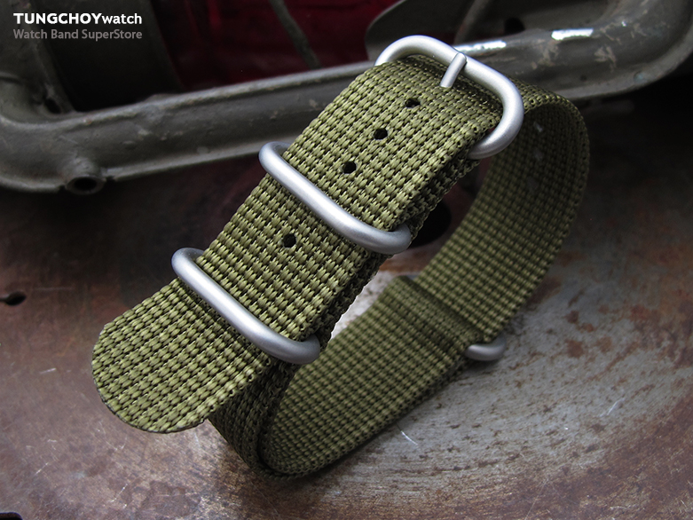 MiLTAT 22mm 3 Rings Zulu military watch strap 3D woven nylon armband - Military Green, Brushed Hardware