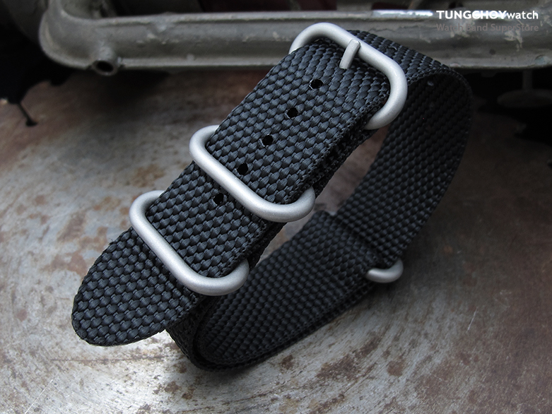 MiLTAT 22mm Thick 3 Rings Honeycomb Zulu Bullet Tail Black Nylon Watch Band, Brushed