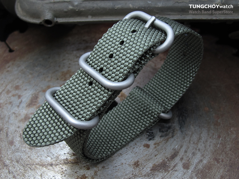 MiLTAT 22mm Thick 3 Rings Honeycomb Zulu Bullet Tail Military Green Nylon Watch Band, Brushed