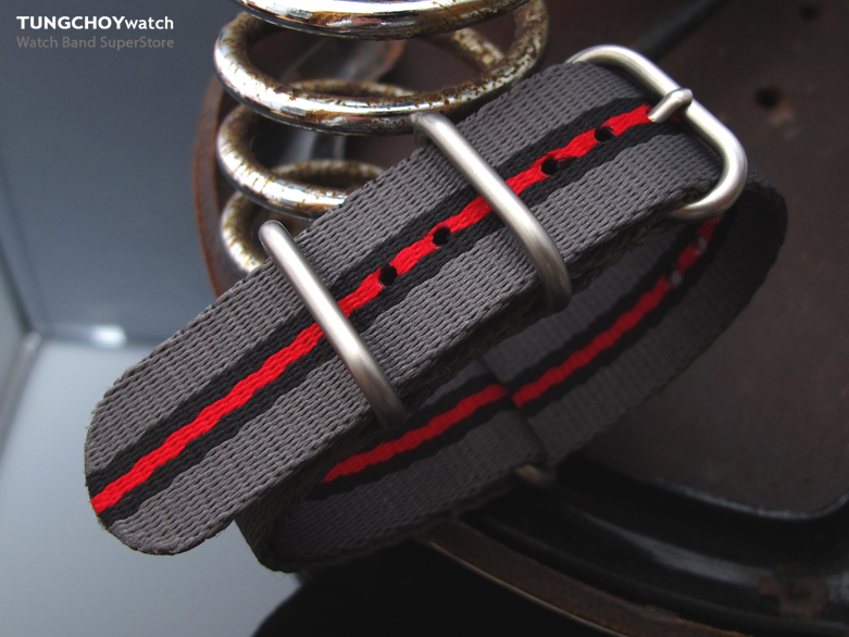 MiLTAT 20mm 3 Rings Zulu JB military watch strap ballistic nylon armband - Grey, Black & Red, Brushed Hardware