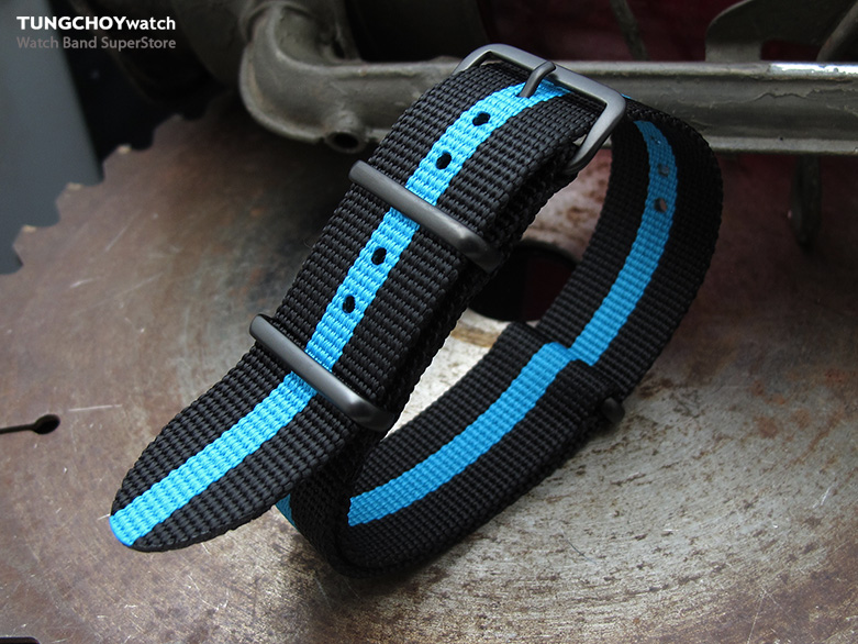 MiLTAT 22mm G10 NATO Bullet Tail Watch Strap, Ballistic Nylon, PVD - Black & Sky Blue Stripes