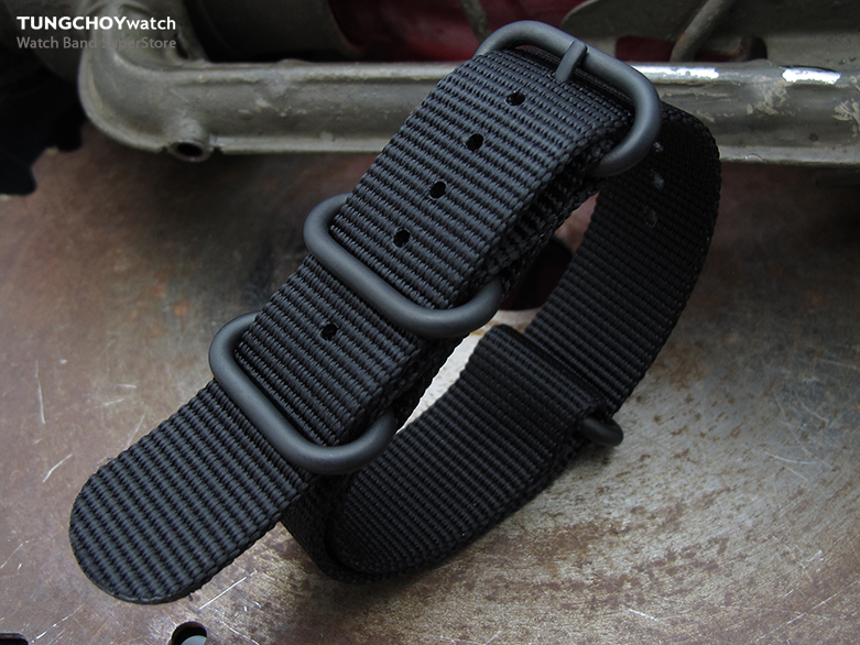 MiLTAT 22mm Thick 3 Rings Zulu Heavy Thread Nylon-Black Military Watch Band, PVD Black