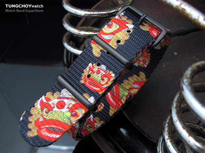 MiLTAT 22mm G10 NATO Watch Strap, Ballistic Nylon Armband, Lion Dance Monogram, PVD Hardware