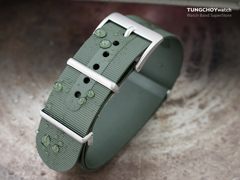 Rubber NATO 22mm G10 Waterproof Watch Band, Military Green, Sandblasted Buckle