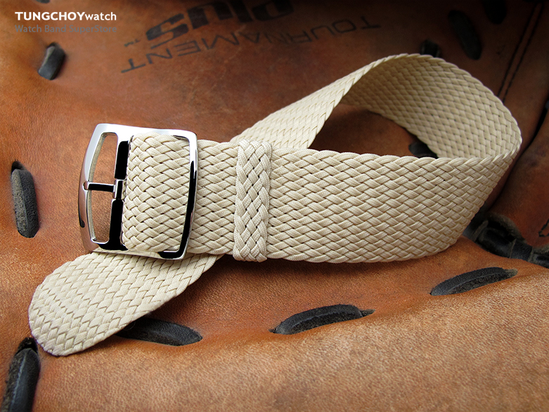 20mm, 22mm MiLTAT Perlon Watch Strap, Beige, Polished Ladder Lock Slider Buckle