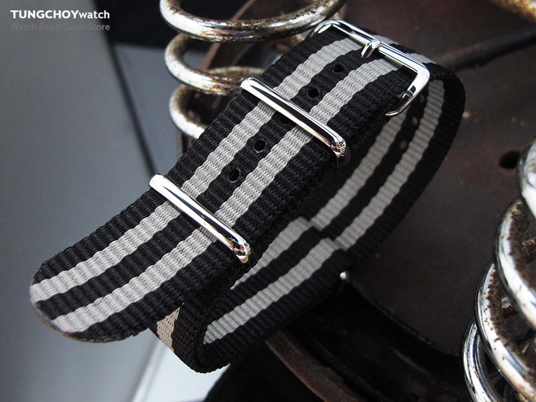 MiLTAT 20mm G10 Military Watch Strap Ballistic Nylon Armband, Polished - Black & Grey Stripes