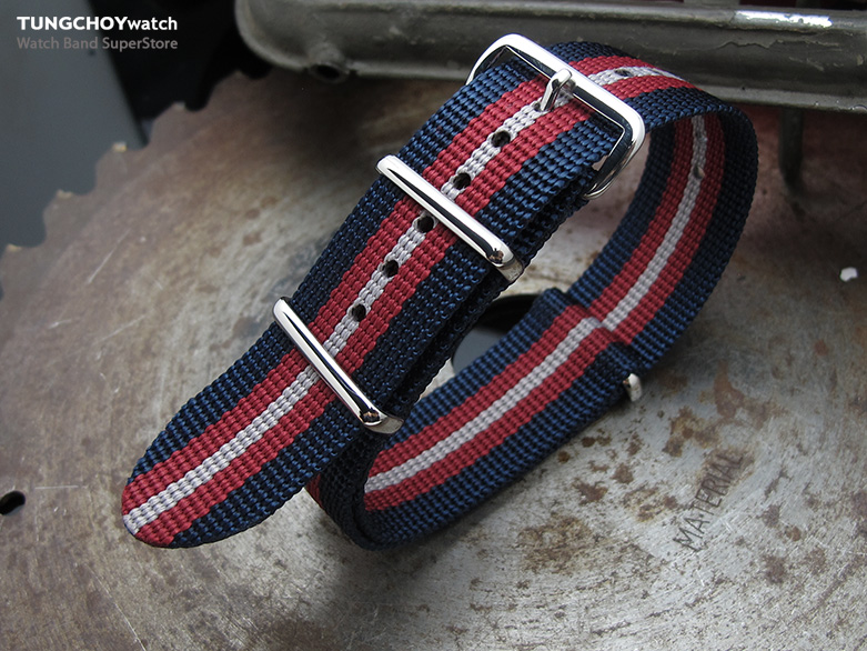 MiLTAT 21mm G10 NATO Bullet Tail Watch Strap, Ballistic Nylon, Polished - Blue, Red & Grey Stripes
