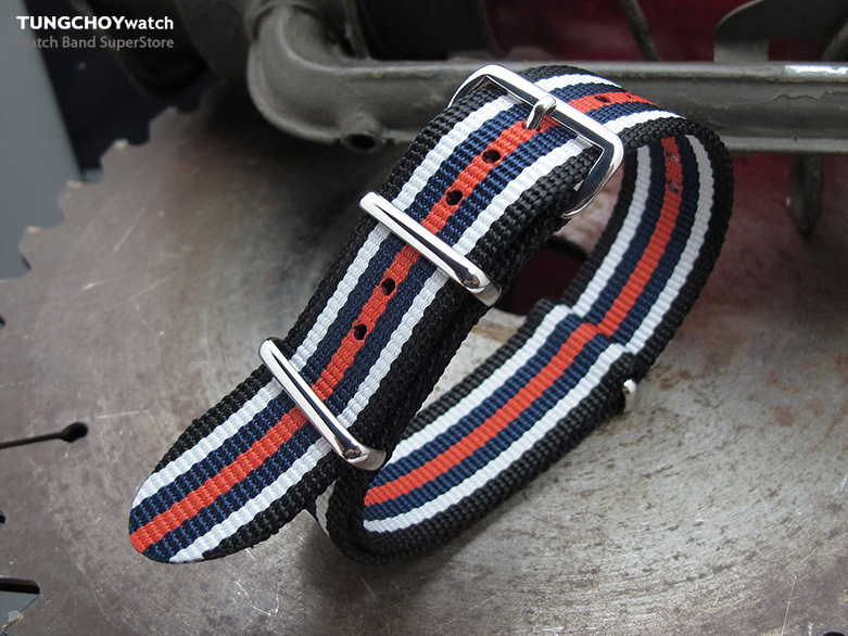 MiLTAT 21mm G10 NATO Bullet Tail Watch Strap, Ballistic Nylon, Polished - Black, White, Blue & Red Stripes