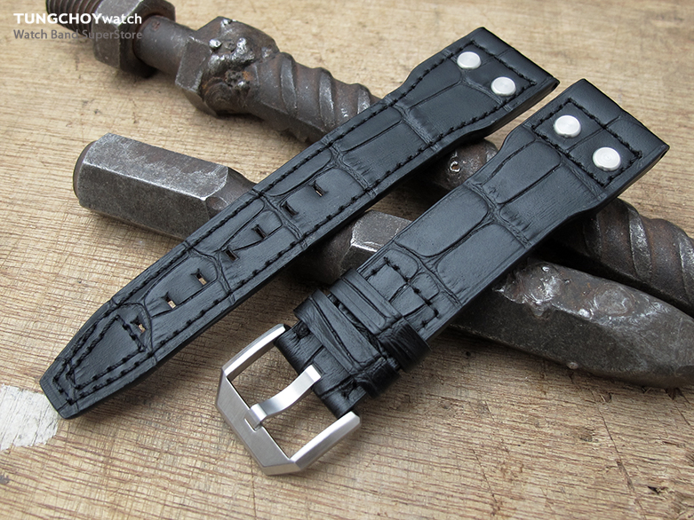 20mm, 21mm, 22mm IWC Big Pilot 5002 Type CrocoCalf Black Watch Strap, Rivet Lug, Semi Square Tail