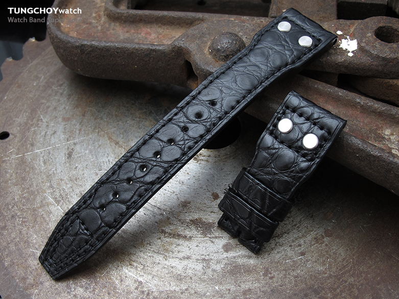 22mm MiLTAT Black Genine Alligator Head IWC Big Pilot replacement Strap, Rivet Lug