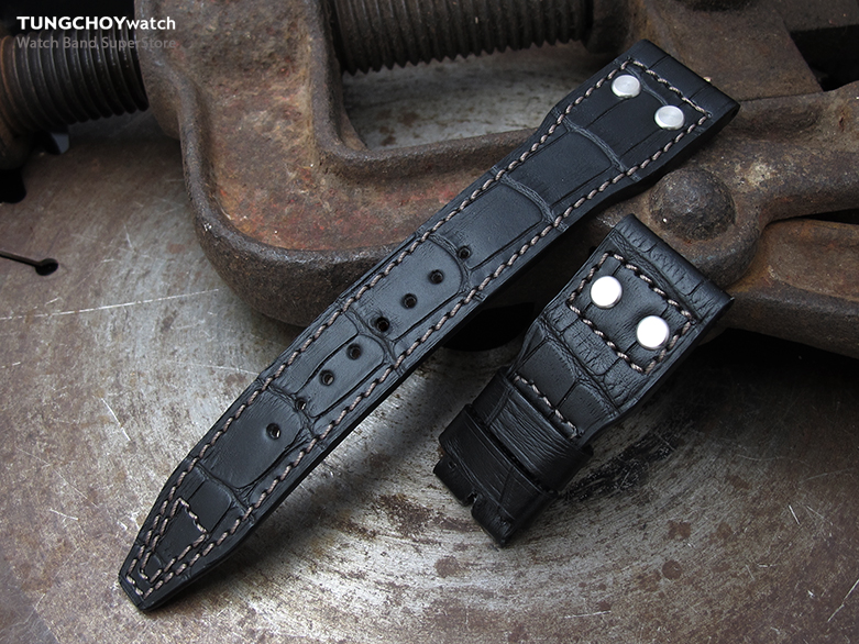 22mm MiLTAT Black CrocoCalf (Croco Grain) IWC Big Pilot replacement Strap, Rivet Lug