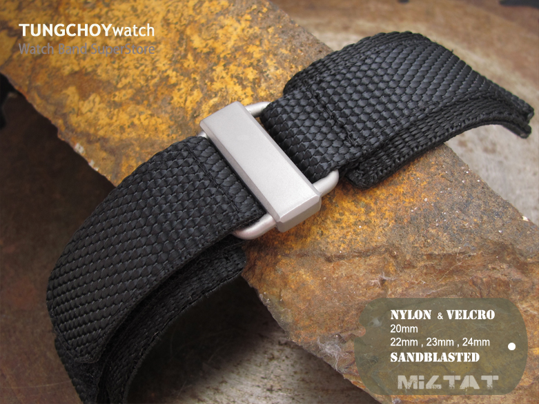 20mm, 22mm, 23mm, 24mm MiLTAT Honeycomb Black Nylon Hook and Loop Fastener Watch Strap Sandblasted Buckle