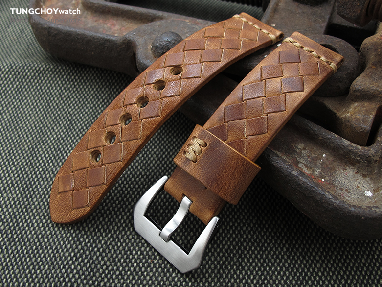 MiLTAT Zizz Collection 22mm Braided Calf Leather Watch Strap, Tawny Brown, Brown Stitches