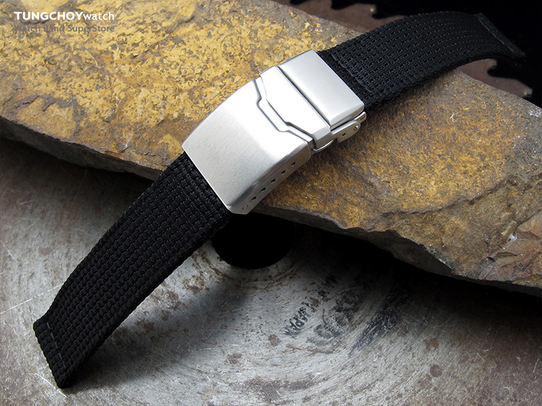 22mm MiLTAT 3D Nylon Black Watch Strap, Brushed Chamfer Clasp with Button