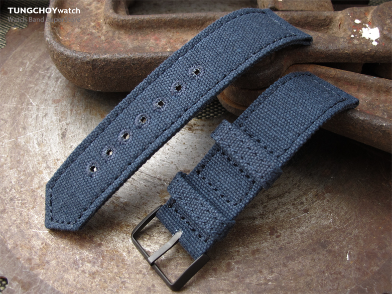 20mm, 21mm or 22mm MiLTAT WW2 2-piece Navy Washed Canvas Watch Band with lockstitch round hole, PVD Black