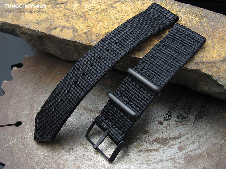 20mm, 22mm Two Piece WW2 G10 Black 3D Nylon, PVD Black Buckle