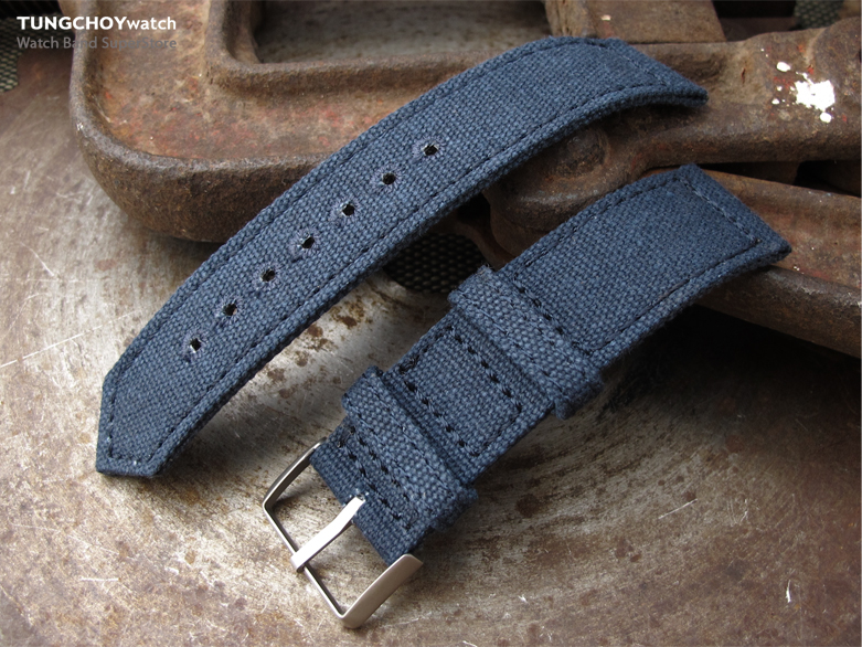 20mm, 21mm or 22mm MiLTAT WW2 2-piece Navy Washed Canvas Watch Band with lockstitch round hole, Sandblasted