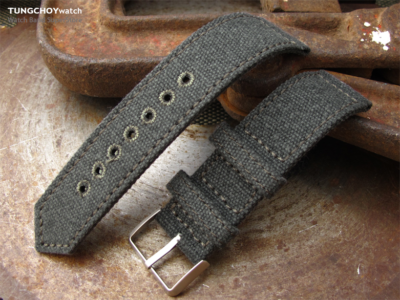 20mm, 21mm or 22mm MiLTAT WW2 2-piece Military Grey Washed Canvas Watch Band with lockstitch round hole, Sandblasted