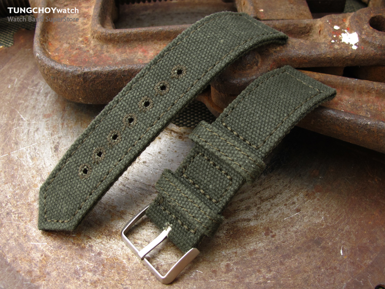 20mm, 21mm or 22mm MiLTAT WW2 2-piece Military Green Washed Canvas Watch Band with lockstitch round hole, Sandblasted