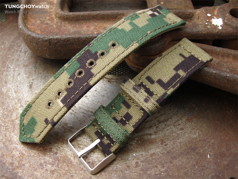 20mm, 21mm or 22mm MiLTAT WW2 2-piece Woodland Camouflage Cordura 1000D Watch Band with lockstitch round hole, Sandblasted