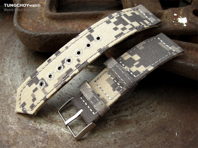 20mm, 21mm or 22mm MiLTAT WW2 2-piece Beige Camouflage Cordura 1000D Watch Band with lockstitch round hole, Sandblasted