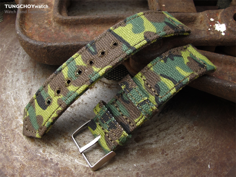 20mm, 21mm or 22mm MiLTAT WW2 2-piece ERDL Camouflage Canvas Watch Band with lockstitch round hole, Sandblasted