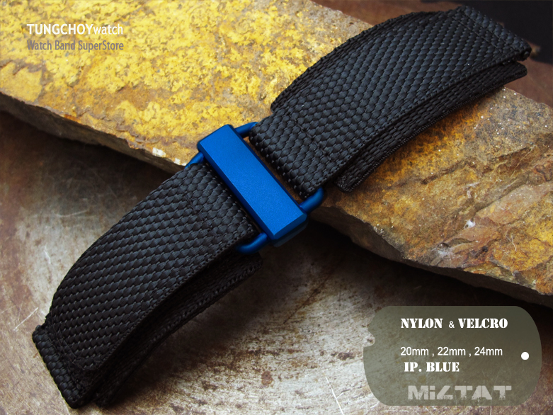 20mm, 22mm, 24mm MiLTAT Honeycomb Black Nylon Hook and Loop Fastener Watch Strap, IP Blue Buckle