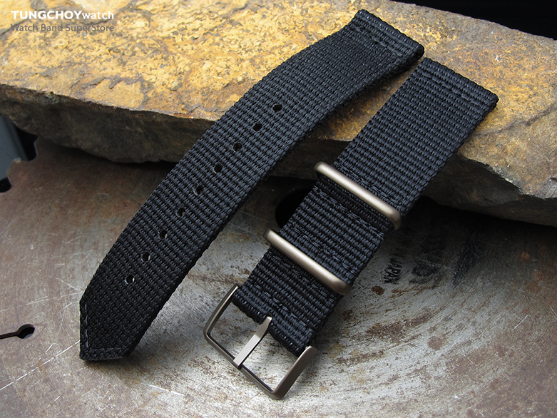 20mm, 22mm Two Piece WW2 G10 Black 3D Nylon, IP Bronze Buckle