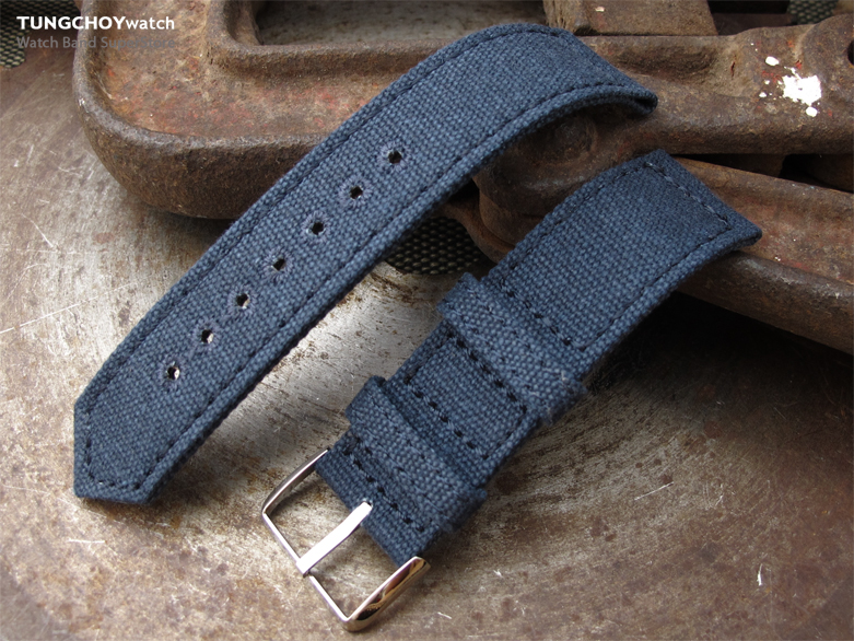 20mm, 21mm or 22mm MiLTAT WW2 2-piece Navy Washed Canvas Watch Band with lockstitch round hole, Polished