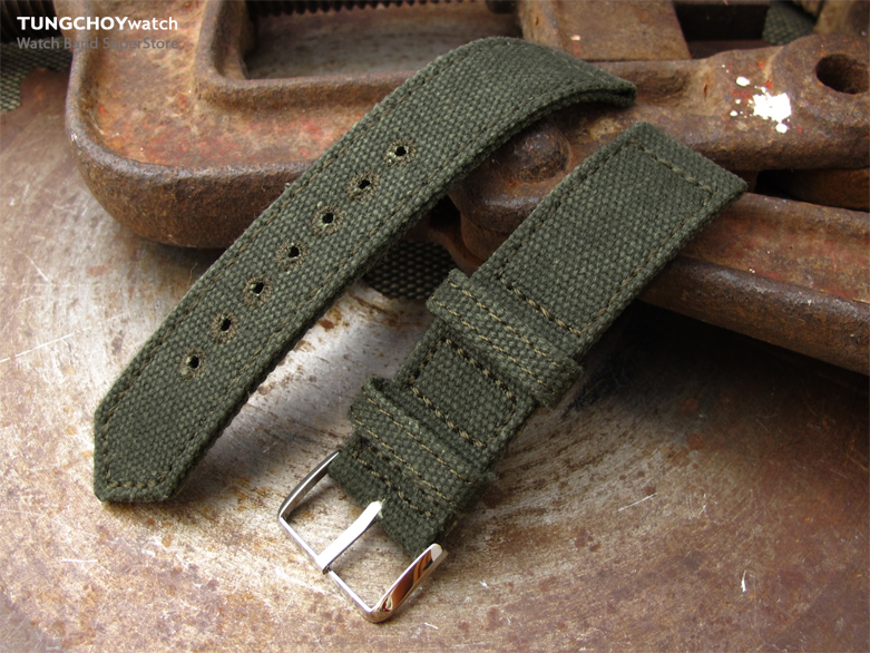 20mm, 21mm or 22mm MiLTAT WW2 2-piece Military Green Washed Canvas Watch Band with lockstitch round hole, Polished