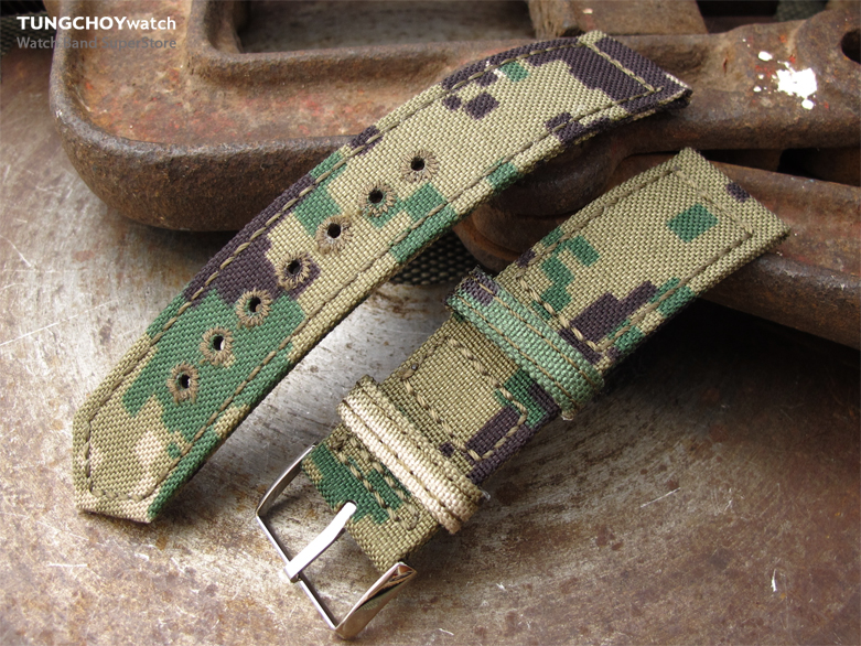 20mm, 21mm or 22mm MiLTAT WW2 2-piece Woodland Camouflage Cordura 1000D Watch Band with lockstitch round hole, Polished