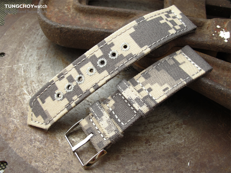 20mm, 21mm or 22mm MiLTAT WW2 2-piece Beige Camouflage Cordura 1000D Watch Band with lockstitch round hole, Polished